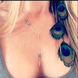 Boho “Y” Feather Turquoise Dainty Gold Necklace